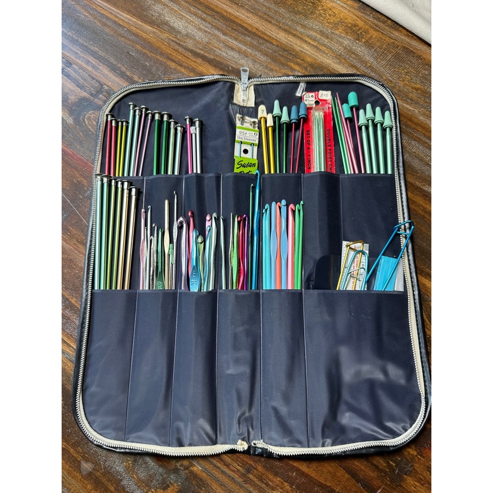 Vintage Susan Bates Knitting Needle & Crochet Hook Lot Floral Tapestry Case Kit